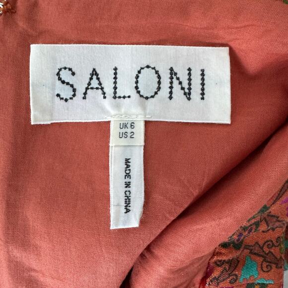 SALONI Rachel Printed Sleeveless Linen Mini Dress Rainbow Trellis Orange Pink 2 - Picture 8 of 9